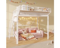 FloraGrace Hoogslaper 140 x 200 cm – Metalen Bed met Opbergruimte en Trap – Open Onderste Verdieping – Zonder Matras – Wit