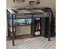 FloraGrace Hoogslaper 140x200 cm - Met Bureau, Kast En Ledverlichting - Met Opbergtrap En Rek - Zonder Matras - Metaal - Zwart