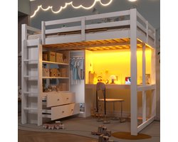 FloraGrace Hoogslaper 140x200 cm - Met Bureau, Ledverlichting en USB - 2 Laden en Kasten - Zonder Matras - Hout en MDF - Wit