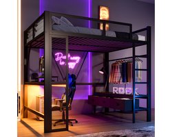 FloraGrace Hoogslaper 140x200 cm - Met Bureau, USB En Led - 3 Laden En Open Kledingrek - Zonder Matras - Metaal - Zwart