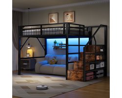 FloraGrace Hoogslaper 140x200 cm - Met Ledverlichting en Opbergtrap - Ruimte Onder Bed - Zonder Matras - Metaal - Zwart