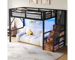 FloraGrace Hoogslaper 90x200 cm - Ledverlichting - Opbergtrap en Open Ruimte - Kinderkamer - Metaal - Zwart - Zonder matras