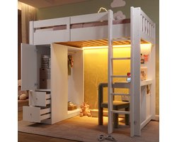 FloraGrace Hoogslaper 90x200 cm - Met Bureau, Ledverlichting en USB - 4 Laden en Kast - Zonder Matras - Hout en MDF - Wit