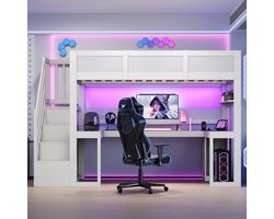 FloraGrace Hoogslaper 90x200 cm - Met Bureau, Ledverlichting en USB-Aansluiting - Opbergruimte en Trap - MDF - Zonder Matras - Wit