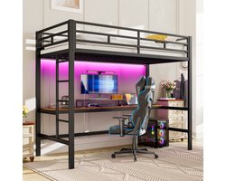 FloraGrace Hoogslaper 90x200 Cm – Met Bureau Met Usb En Stopcontact – Met Led Lichtstrip Met App Bediening – Met Trap En Uitvalbeveiliging – Metaal Mdf – Zonder Matras – Zwart