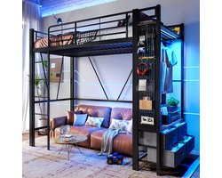 FloraGrace Hoogslaper 90x200cm – Met Ledverlichting En Oplaadpunten – Met Droogstang En Opberglades – Voor Slaapkamer – Metaal – Zwart | Zonder matras