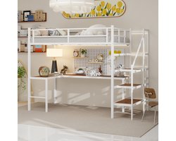 FloraGrace Hoogslaper Zonder Matras - Met L-vormig Bureau en Opbergtrap - Volledig Hekwerk - Metaal - Wit