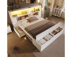 FloraGrace Houten Bed 140x200 cm - Met Ledverlichting En Laadpoorten - Met Opbergruimte En Bedbank - Zonder Matras - Wit