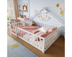 FloraGrace Huisbed 140x190cm – Kinderbed Met Veiligheidshekje Met Slot – Zonder matras – Met Lattenbodem – Grenen En MDF – Wit