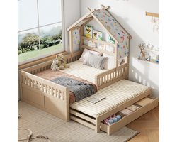 FloraGrace Huisbed 140x200 cm - Met Uitschuifbed en 3 Laden - Met Veiligheidshek - Kinderbed Zonder Matras - Hout - Cr猫me