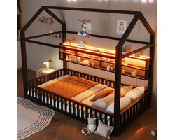 FloraGrace Huisbed 90x200 cm - Met Veiligheidshek en Ledverlichting - Platformbed voor Kinderkamer - Metaal - Zonder Matras - Zwart