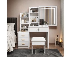 FloraGrace Kaptafel - Spiegel Met Led En Kruk - 4 Laden En Opbergruimte Voor Slaapkamer - MDF - 85x36x130 Cm - Wit