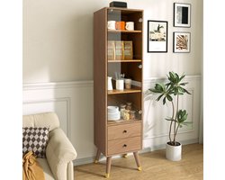 FloraGrace Kast - Vitrinekast Met Glazen Deur En 2 Lades - Voor Woonkamer Badkamer Kantoor Of Slaapkamer - MDF Houtlook - 39,8x35x160 cm
