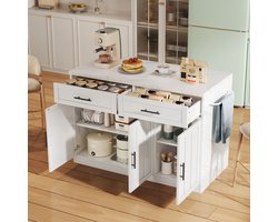 FloraGrace Keukeneiland - Met Stopcontacten, Usb En Barblad - Opbergruimte Voor Keuken En Appartement - MDF - 120x60x91 Cm - Wit