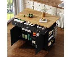 FloraGrace Keukeneiland - Met Uitklapbaar Werkblad En Stopcontact - Met Laden, Opbergruimte En Wielen - MDF - 120x45(70)x84 Cm - Naturel Zwart