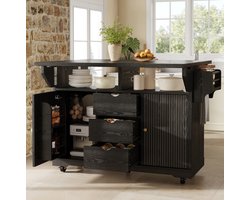 FloraGrace Keukenwagen - Uitklapbare Zijbladen En 3 Lades - Mobiele Keukenoplossing Voor Keuken En Eetkamer - MDF En Metaal - Zwart - 142,5 Cm