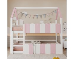 FloraGrace Kinder Stapelbed 90x200cm – Huisvormig Hoogslaper – Met Veiligheidshekken En Klapdeurtje – Voor Kinderkamer – Hout – Roze Wit – Zonder matras