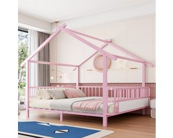 FloraGrace Kinderbed 140 x 200 cm - Huisvormig Hemelbed Met Veiligheidsgitter - Zonder Matras - Voor Kinderkamer - Metaal - Roze