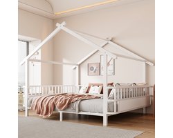 FloraGrace Kinderbed 140x200 cm - Huisvormig Met Veiligheidshekje En Dakframe - Zonder Matras - Metalen Bed Voor Kinderkamer - Wit