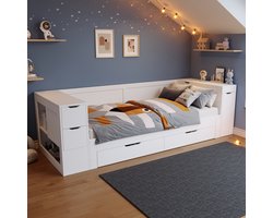 FloraGrace Kinderbed 90x190 cm - Met Lades en Opbergruimte - Multifunctioneel Eenpersoonsbed - Zonder Matras - MDF - Wit