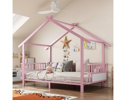 FloraGrace Kinderbed 90x200 cm - Huisvormig Met Veiligheidshekje - Open Dakframe - Zonder Matras - Eenpersoons Metaal - Roze