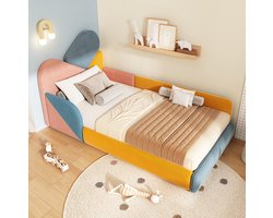 FloraGrace Kinderbed 90x200 cm Zonder Matras - Soft Bed met Verhoogde Zijbescherming - Fluweel - Blauw Roze Geel Oranje