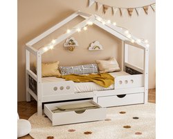 FloraGrace Kinderbed 90x200cm – Met Dakontwerp En Tekenbord – Met 2 Grote Lades – Stevig Hout En MDF – Zonder matras – Wit