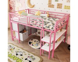 FloraGrace Kinderhoogslaper 90x200cm – Met Brede Trap – Met Lades En Open Vakken – Kinderkamer – Metaal – Zonder matras – Roze