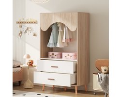FloraGrace Kinderkledingkast - Open Kast Met Kledingroede En 2 Lades - Voor Kinderkamer En Slaapkamer - Wit En Natuurlijk Hout - 80x46x141,5 Cm