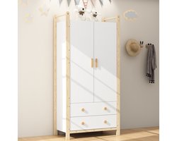 FloraGrace Kledingkast - 2 Deuren Met Kledingroede En 2 Laden - Voor Slaapkamer Hal En Kinderkamer - Wit En Naturel - 89,6x44x180,5 Cm