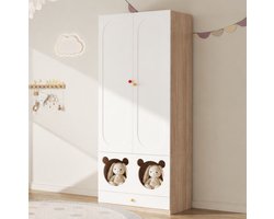 FloraGrace Kledingkast - 2 Deuren Met Stang En Lades - Voor Kinderkamer En Speelkamer - MDF - Natural Wit - 80x50x200 Cm