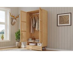 FloraGrace Kledingkast - 2-Deurs Kast Met Kledingstang En Flip-Top Opbergruimte - Voor Slaapkamer Of Woonkamer - Houtlook - 90x45x183 Cm - Naturel