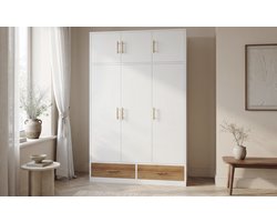 FloraGrace Kledingkast Met 3 Deuren, Bovenvak, Hanggedeelte En 2 Lades - Ruime Opbergkast Voor Slaapkamer - Wit - MDF - 120x50x180 Cm