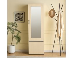 FloraGrace Kledingkast - Smalle Garderobekast Met Spiegel En Uittrekbare Kledingstang - Voor Hal En Slaapkamer - MDF - 54x34,5x179,5 Cm - Houtkleur