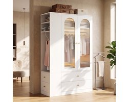 FloraGrace Kledingkast - Witte MDF-Kast Met 2 Glazen Deuren En 4 Lades - Voor Slaapkamer En Kantoor - 120 x 50 x 200 cm