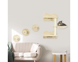 FloraGrace Krabmeubel – 4-Delige Klimmuur Voor Katten – 40 x 28 x 73 cm – Pluche – Beige En Cremewit – Wandmontage Met Hangmat