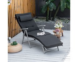 FloraGrace Ligbed 178 x 63,5 x 100,5 cm - Inklapbaar Met 7 Standen Verstelbare Rugleuning En Kussen - Voor Tuin Balkon Of Camping - Metaal Textileen Polyester - Zwart