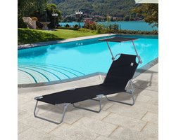 FloraGrace Ligbed 187 x 58 x 36 cm - Inklapbaar Met Verstelbaar Zonnedak - Voor Tuin, Terras, Strand En Camping - Oxfordstof En Metaal - Zwart