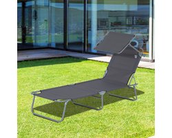 FloraGrace Ligbed 187 x 58 x 36 cm - Inklapbaar Met Verstelbare Zonwering - Voor Strand, Tuin En Terras - Metaal En Oxford Stof - Grijs