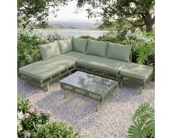 FloraGrace Loungeset 225 X 167 Cm - Modulair Tuinmeubel Met Glazen Salontafel - Weerbestendig Voor Terras En Balkon - Ijzer - Groen