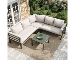 FloraGrace Loungeset 4-5 Zits - Met Gehard Glazen Tafel En Verstelbare Poten - Voor Tuin, Balkon Of Terras - IJzer - Beige