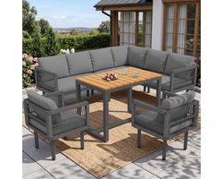 FloraGrace Loungeset - 6-Delige Hoek Loungeset Met Tafel En 2 Fauteuils - Weerbestendig Voor Balkon En Terras - IJzer En Composiet - Grijs