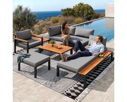 FloraGrace Loungeset Tuin 6-Delig - Modulair Met Houten Tafels - Voor Terras, Balkon En Tuin - Acaciahout En IJzer - Grijs