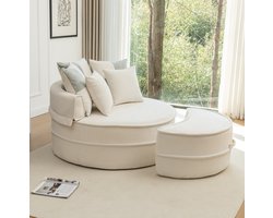 FloraGrace Loungestoel 121 Cm - Rond Design Met Hocker En 5 Kussens - Voor Woonkamer Of Slaapkamer - Schuim - Beige