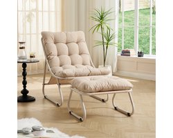FloraGrace Loungestoel 65 x 78 x 86 cm – Met Voetenbank En Zacht Kussen – Voor Woonkamer, Slaapkamer Of Buiten – Staal – Beige