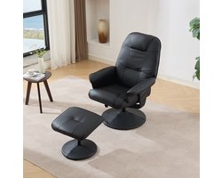 FloraGrace Massagestoel – Relaxfauteuil met Hocker – 5-Punts Massage, Verwarming & 360° Draaifunctie – Voor Woonkamer – PU Leer – Zwart