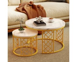 FloraGrace Metalen Frame Salontafel - Salontafel Set Van 2 - Nesting Tafels Met Marmerlook Blad - Wit Goud