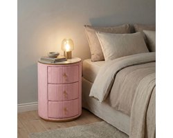 FloraGrace Nachtkastje - Rond Design Met 3 Laden En Marmerlook Blad - Voor Slaapkamer En Woonkamer - Fluweel Metaal MDF - 40x40x52,5 Cm - Roze