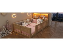 FloraGrace Normaal Bed 90 x 200 cm - Kinderbed Met Veiligheidshekje en LED-Licht - Met Opbergruimte - Hout - Naturel Zonder Matras