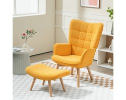 FloraGrace Oorfauteuil met Hocker 72 x 80 x 101 cm - Zachte Bekleding en Verstelbare Vloerdoppen - Woonkamer - Polyester en Hout - Oranje